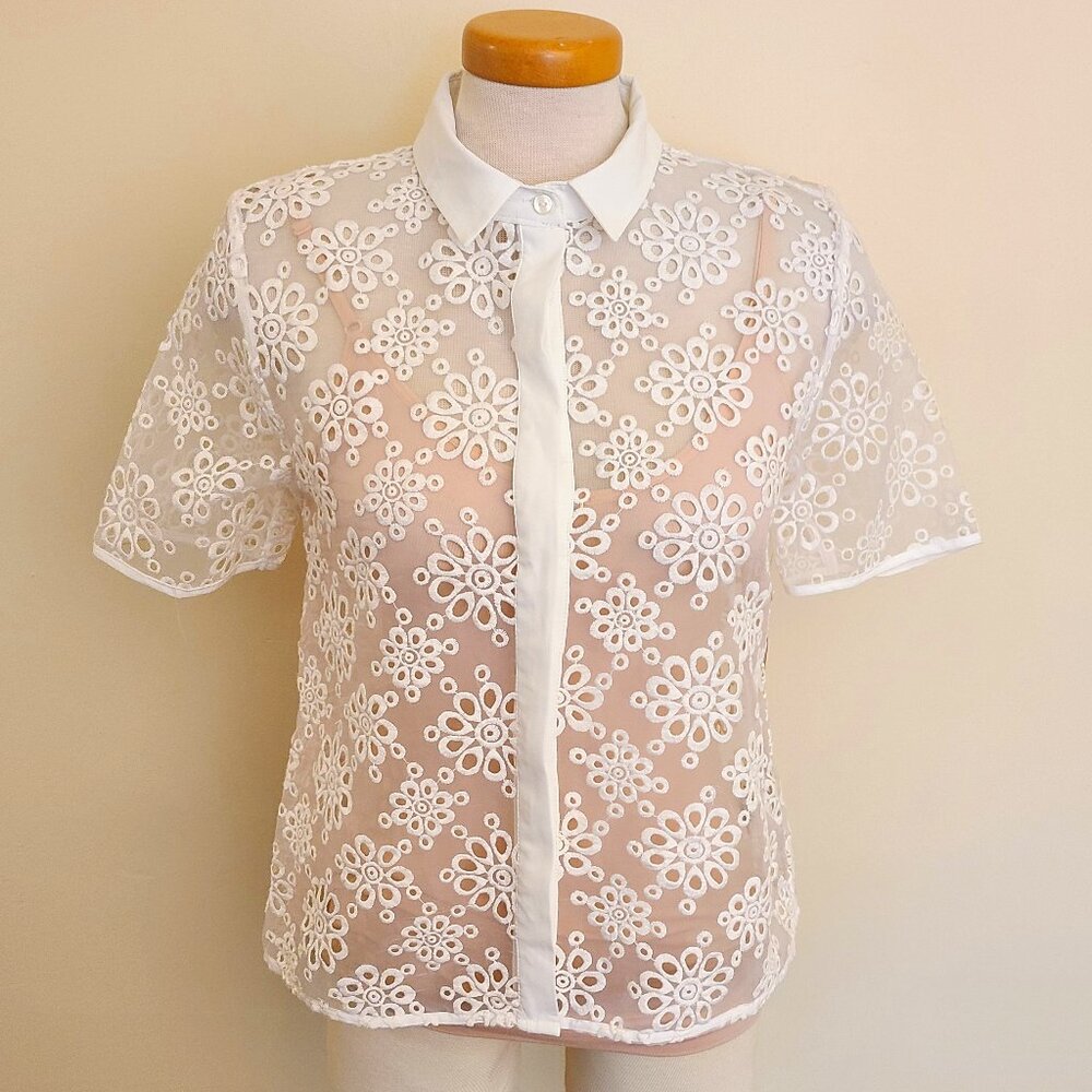 Catherine Malandrino Sheer Short Sleeve Button Down w/ Emroidered Floral Cutouts